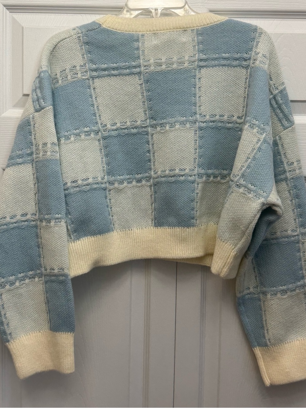 Peach Love California Powder Blue & Cream Checkered Cropped Sweater - Picture 2 of 5